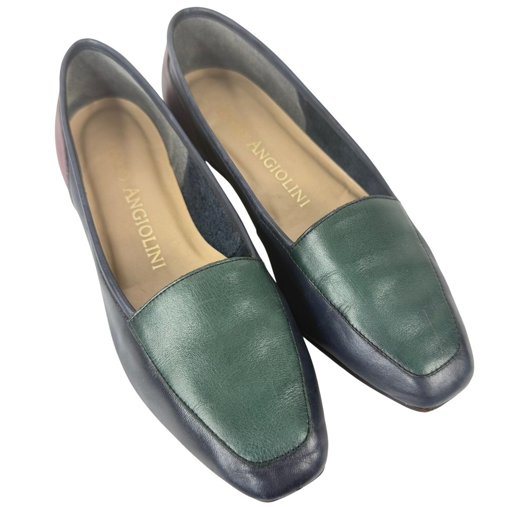 Enzo Angiolini Leather Loafers Flats Colorblock Square Toe Navy Burgundy‎ 5.5